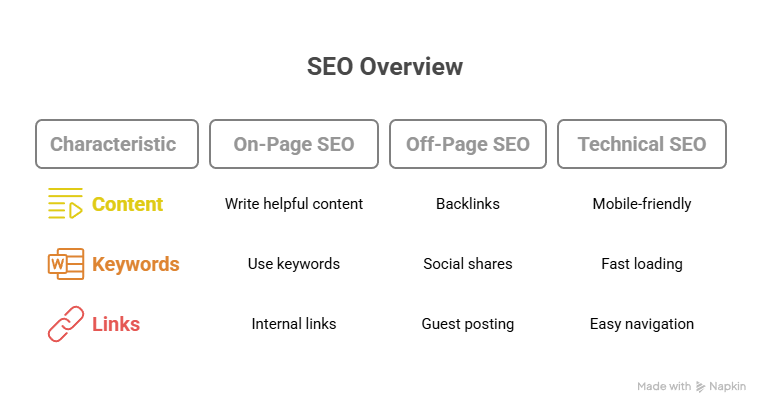 "Infographic explaining SEO basics for beginners about types of SEO