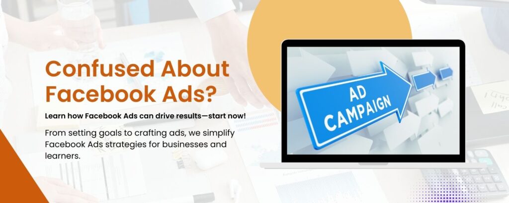 Facebook Ads guide illustration showing marketing strategy, ad campaign setup, and social media promotion for businesses