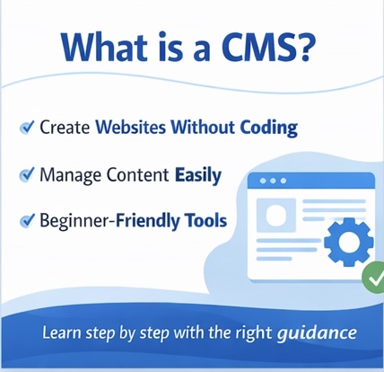 What is a CMS infographic showing benefits like creating websites without coding, easy content management, and beginner-friendly tools