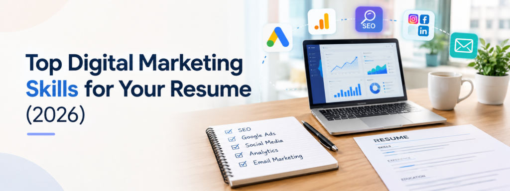 Top digital marketing skills for resume in 2026 including SEO, Google Ads, analytics, social media, and email marketing